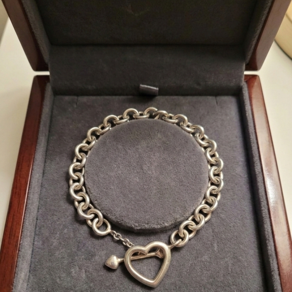 Elegant Heavy Sterling Silver Heart Charm Bracelet